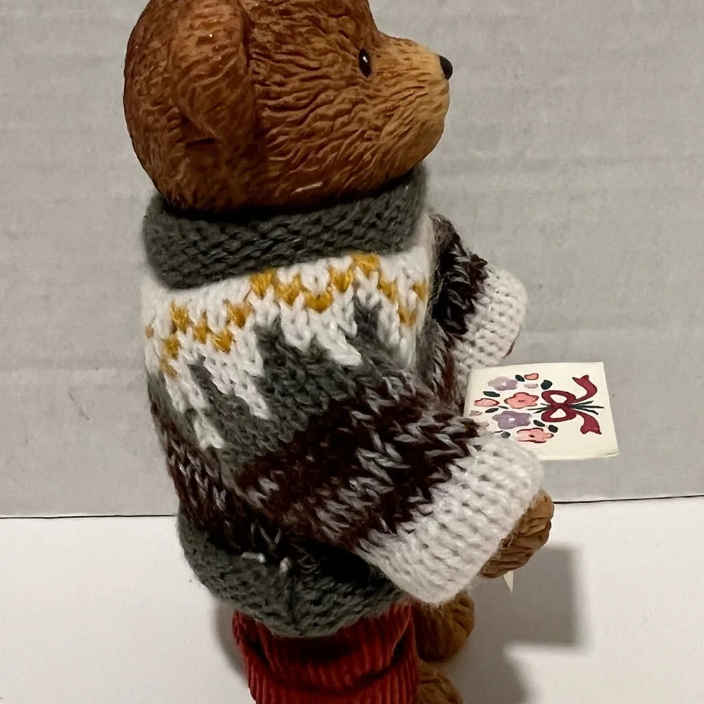 Vintage 1995  “I Love You” Resin Bear Figurine Knitted Sweater/Corduroy Pants